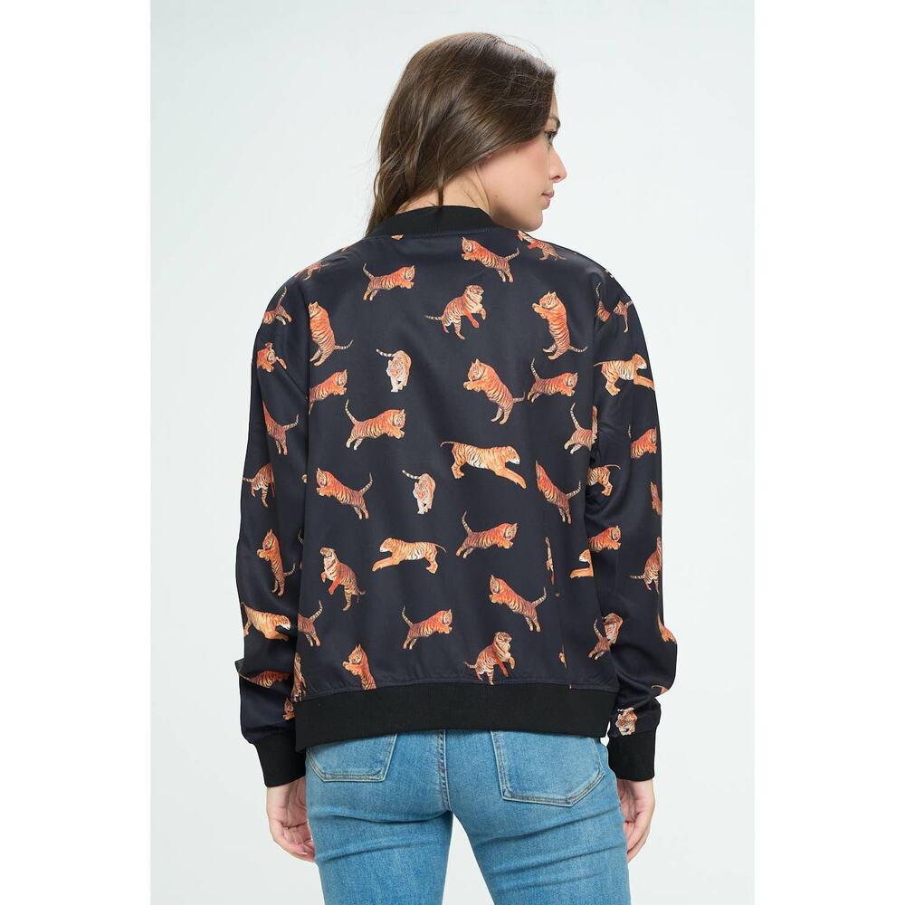Tiger Print All Over Black Light Bomber Jacket SM Wardrove Women's M 3824 - Picture 3 of 10